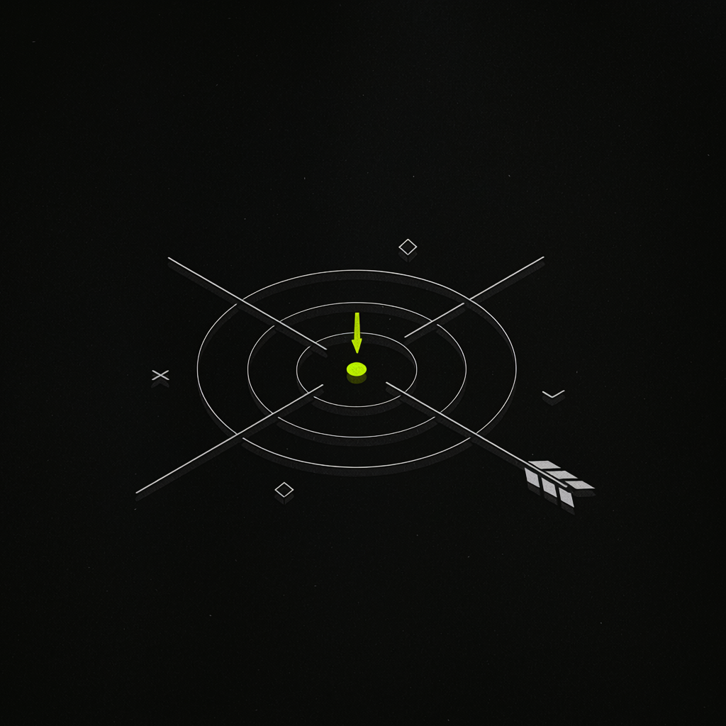 Minimalistische Illustration einer Zielscheibe mit lime-grünem Punkt in der Mitte und einem Pfeil — symbolisiert Briefing und Zielsetzung.