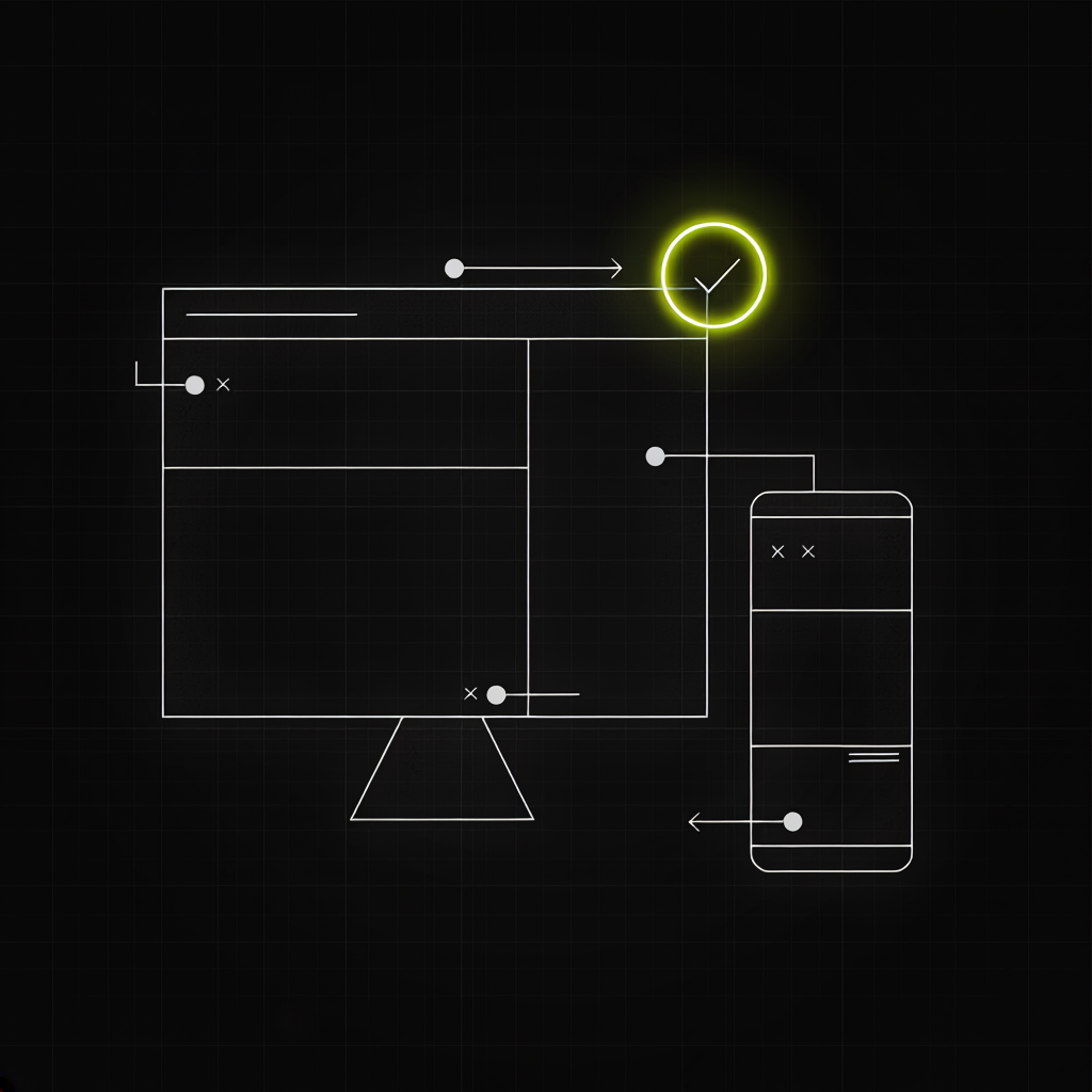 Minimalistische Illustration von Desktop- und Mobile-Wireframes mit Revisionsmarkierungen und lime-grünem Häkchen-Kreis — symbolisiert Review und Anpassung.