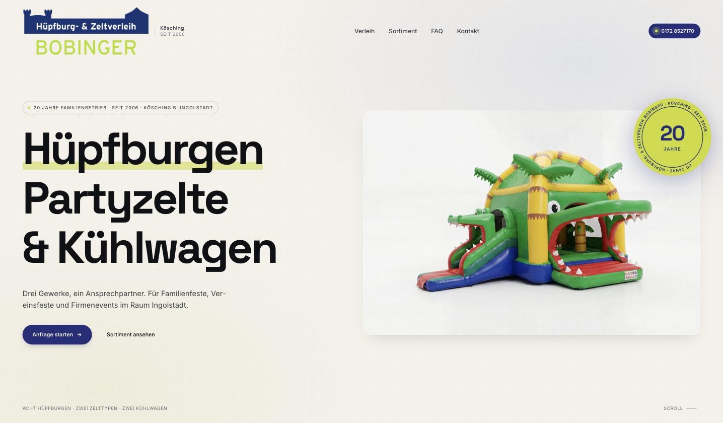 Startseite von huepfburg-zeltverleih.de — Hero mit hervorgehobenem Wort „Hüpfburgen